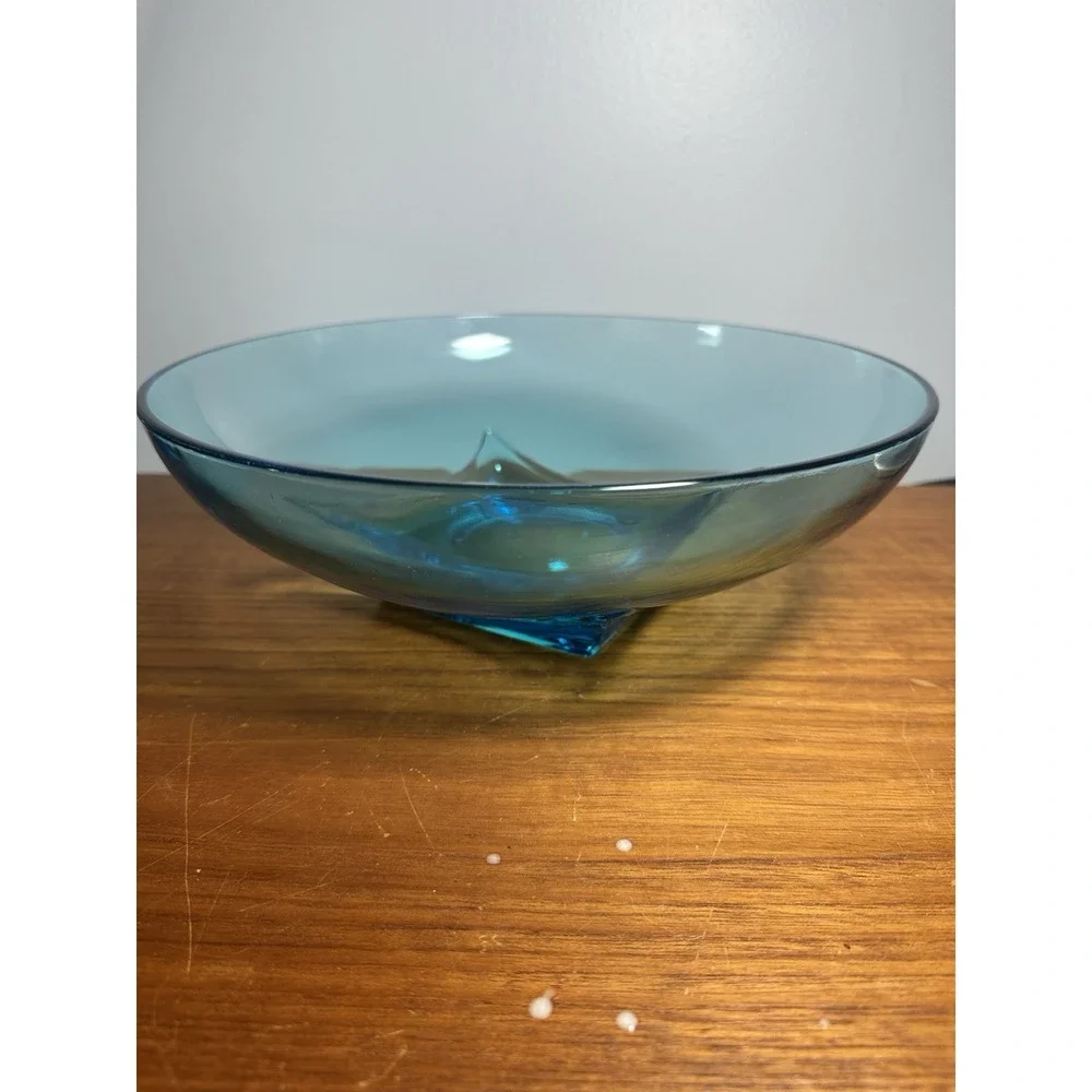 Vintage MCM Blue Art Glass Hazel Atlas Console Bowl 11